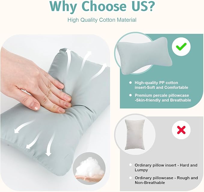 vocheer Small Pillows for Sleeping, 11"x7" Mini Pillow for Travel, Tiny Pillow for Neck, Lumbar, Knee, Wrist, Pets, Cotton Small Back Pillows for Travel, Bed, Office, Machine Washable, Sage-1pc