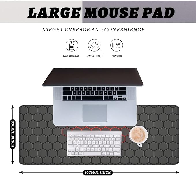 Red Hexagon Mouse Pad Dark Gaming Tech Grid Large Gaming Mouse Mat with Stitched Edges,Non-Slip Waterproof Rubber Base Mous Mat 31.5x11.8 Inch