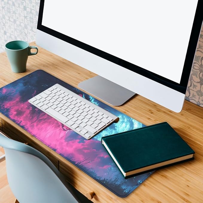 Wolf Monster Mouse Pad Night Sky Blue Moon Pink Neon Weird Extended Mousepad XXL Computer Laptop Keyboard Mouse Mat Big Aesthetic Desk Decor Pad 31.5x11.8 in