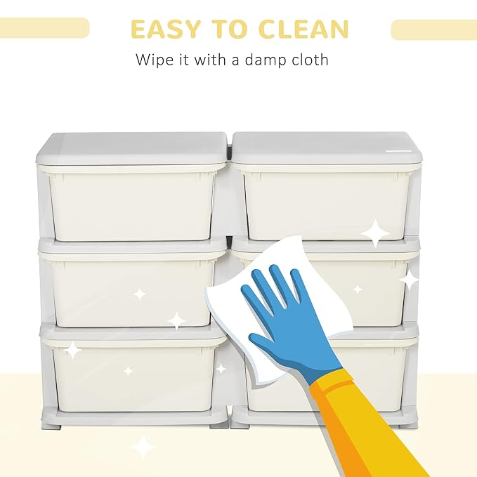 Qaba 3 Tier Kids Storage Unit, Toy Organizers and Storage with 6 Drawer Chest for Kids Bedroom Nursery Kindergarten Living Room for Boys Girls Toddlers, Cream White