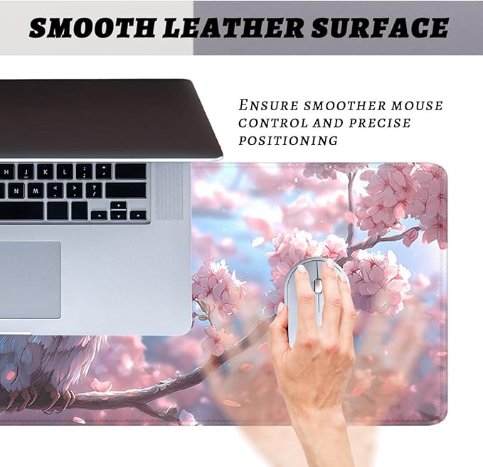 Owl Mouse Pad Fantasy Anime Pink Feathers Cherry Blossoms Extended Mousepad Waterproof Stitched Edges Rubber Base Non-Slip Deskmap Computer Keyboard Mat 31.5x11.8 in