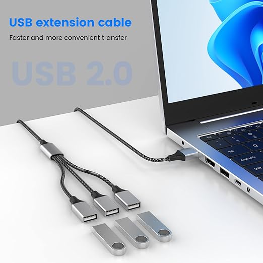 Fidioto USB Extension Cable, 4Ft Long USB Cable, USB Y Splitter 1 Male to 3 Female USBA Adapter Compatible with Webcam, Camera, Phone, hub, Mouse, Keyboard, Printer, Hard Drive, Headset, Xbox