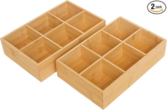 2 Pack Bamboo Small Desk Organizer with Adjustable Dividers, Wood Office Desk Dccessories Organizer for Snacks,Tea Bag,Makeup, Jewelry,Stationery