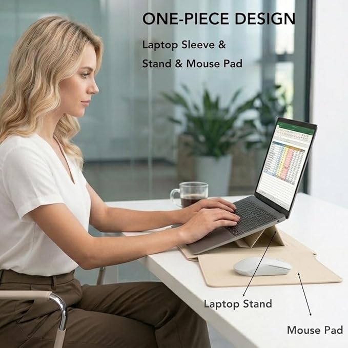 4-in-1 Laptop Sleeve with Stand and Mouse Pad, Faux Leather Protective Case with Accessory Pouch for 13.3-14 Inch Laptops (Beige)