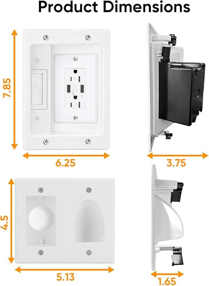 FORGING MOUNT Cord Hider for Wall Mount TV with AC Outlets, 2X USB-A Ports, in-Wall Cable Management Kit, Includes 6ft Extension Cord, Drywall Hole Saw Attachment, Drill Templates