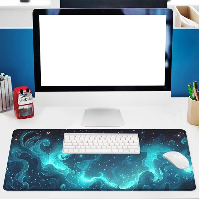 Blue Green Nebula Gaming Mouse Pad Spiral Galaxy Starlight Stars Extended Mousepad Waterproof Stitched Edges Rubber Base Non-Slip Deskmap Computer Keyboard Mat 31.5x11.8 in