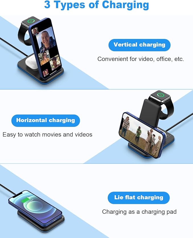 Foldable Wireless Charger for Multiple Devices 3 in 1 Wireless Charging Station for Travel, Compatible with iPhone 17 16e 16 15 14 13 12 11, Charging Pad for iWatch Series & Airpods 4 3 2 Pro