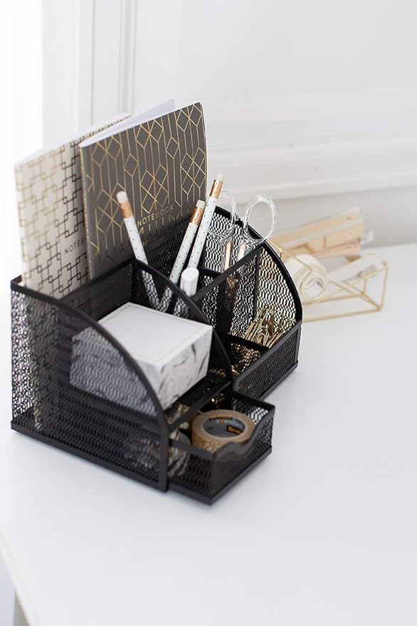 BLU MONACO Black Mesh Metal Desk Organizer and Accessories – 6 Compartments with Drawer