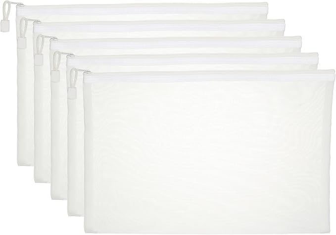 PATIKIL A4 Mesh Zipper Pouch Bags, 5 PCS Mesh Bags with Zipper Plastic Storage Pocket for Organizing File Beads Office Home Supplies, 34x24cm, White