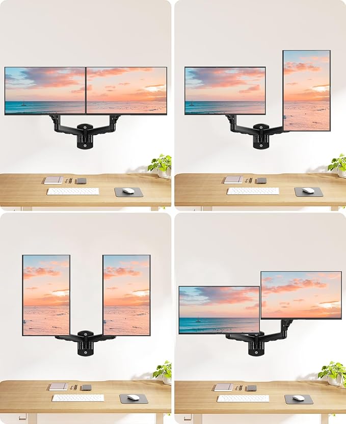 MOUNT PRO Dual Monitor Wall Mount for 2 Computer Screen up to 32 Inch, Gas Spring Double Monitor Arm Holds Up to 17.6lbs Each, Full Motion Adjustable Wall Monitor Mount, VESA Mount 75x75/100x100