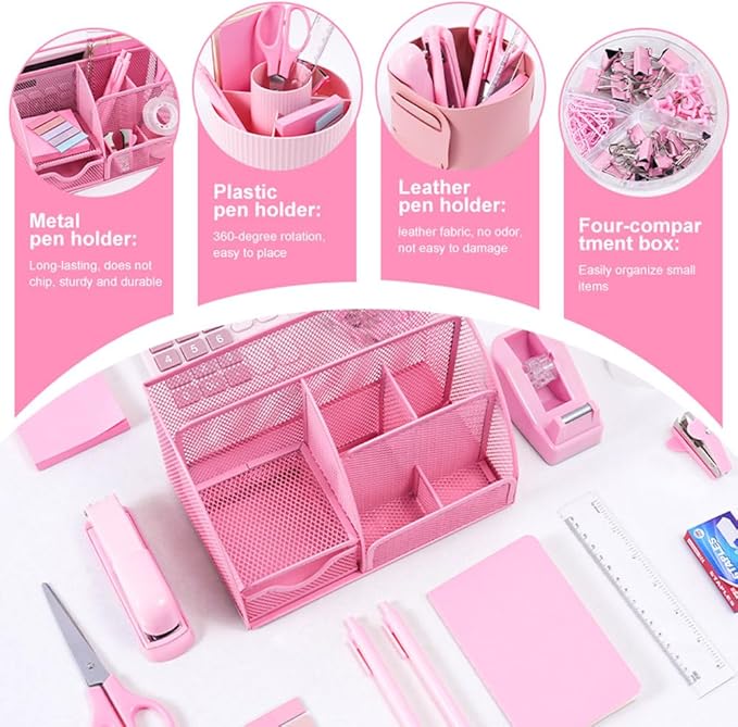 Gawsey Pink Desk Organizers and Accessories with Desk Organizer 360° Rotating Pen Holder and Office Supplies, Cute Stationery Supplies Set