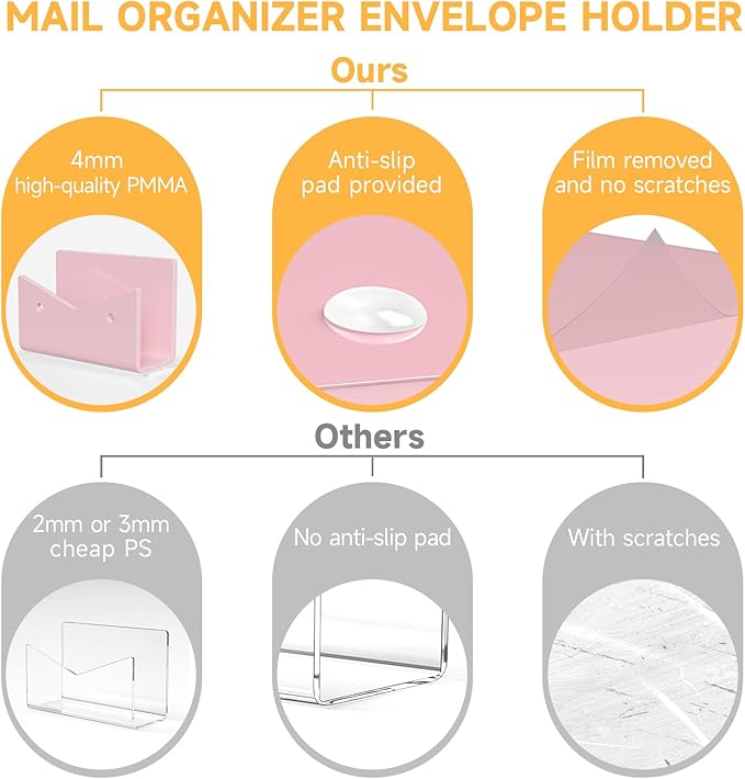 Mail Organizer Envelope Holder - 2 Compartments Pink Acrylic Mail Holder Countertop Vertical Desk Organizer Small File Bill Document Notebook Letter Sorter for Home School Office Supplies