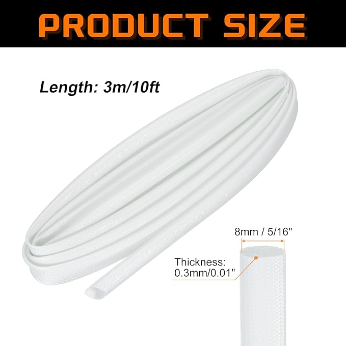 MECCANIXITY 10ft Braided Cable Sleeve, 5/16" ID 200C Heat Resistant 1500V Fiberglass Wire Insulation Cord Protector Organizer Wires Management for Motor Engine Fuel Line, White