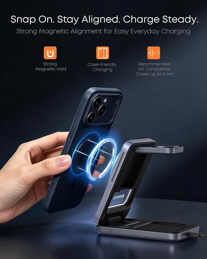 Qi2.2 25W 3-in-1 Foldable Magnetic Wireless Charging Station with 2-Level Night Light, Phone Charger Stand Compatible with iPhone 17/16/15/14/13/12, Apple Watch & AirPods, 45W Adapter Included