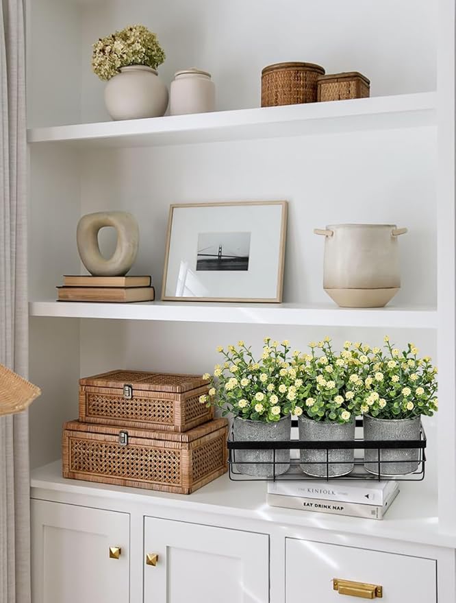 DILATATA Baby's Breath Artificial Flowers Table Centerpiece Decoration Potted Artificial Babys Breath Small Fake Plants for Shelf Desk Home Decor Fake Yellow Babys Breath Flower with Vase