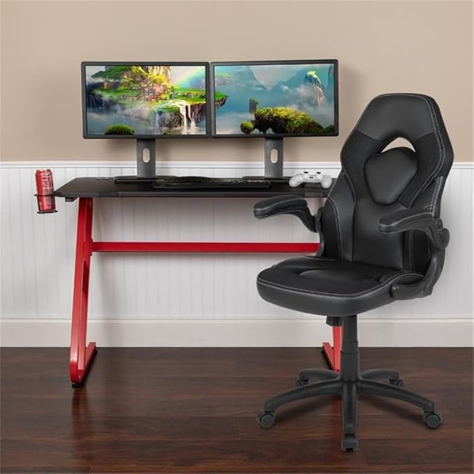 BOWERY HILL 2 Piece Gaming Desk Set, Z-Frame Red and Black Desk with Cup Holder and Headset Hook, High Back Ergonomic Chair with Flip-Up Arms, Dual Monitor Worksurface, Contemporary Gaming Setup