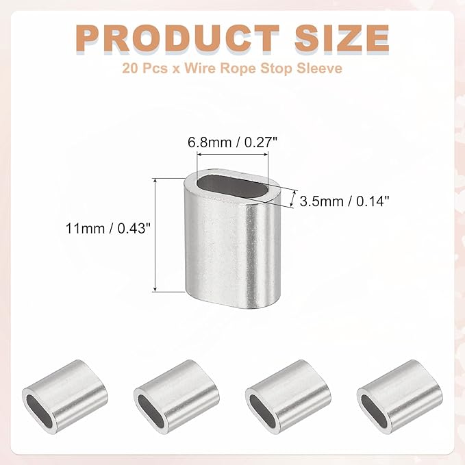 uxcell 1/8"(3mm) Wire Rope Stop Sleeve, 304 Stainless Steel Cable Wire Rope Crimping Loops Sleeve Ferrules for Cable Ferrule, Silver 20Pcs