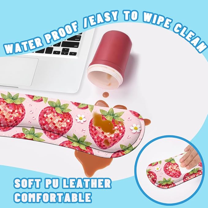 Strawberry Disco Desk Mat Set Fruit Pink Checkered Cute Large Mouse Pad with Wrist Rest 4in1 Desk Mat for Desktop Ergonomic Computer Desk Arm Wrist Anti-Slip Computer Mouse Pad Home Office Gaming