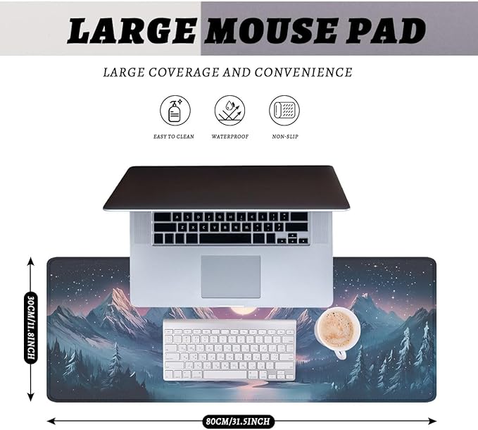 Fantasy City Mouse Pad Night Moon Mountain Landscape Extended Mousepad Waterproof Stitched Edges Rubber Base Non-Slip Deskmap Computer Keyboard Mat 31.5x11.8 Inch