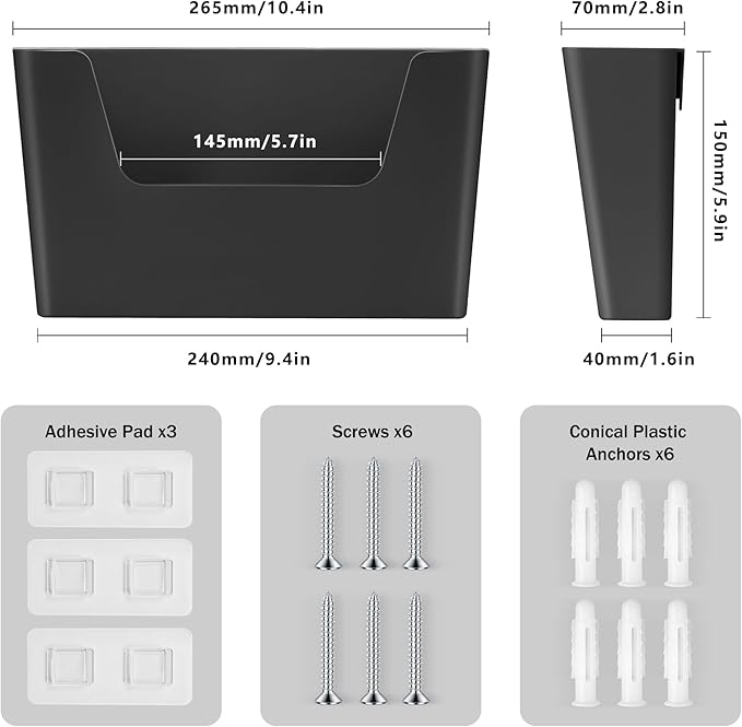 JOMOLA No Drilling File Holder 3 Pack Mail Organizer Wall Mount File Organizer Holder Office Wall Hanging Files Magazines Organizer Plastic Door Mount Wall Pocket with Adhesive Pad, Black Color