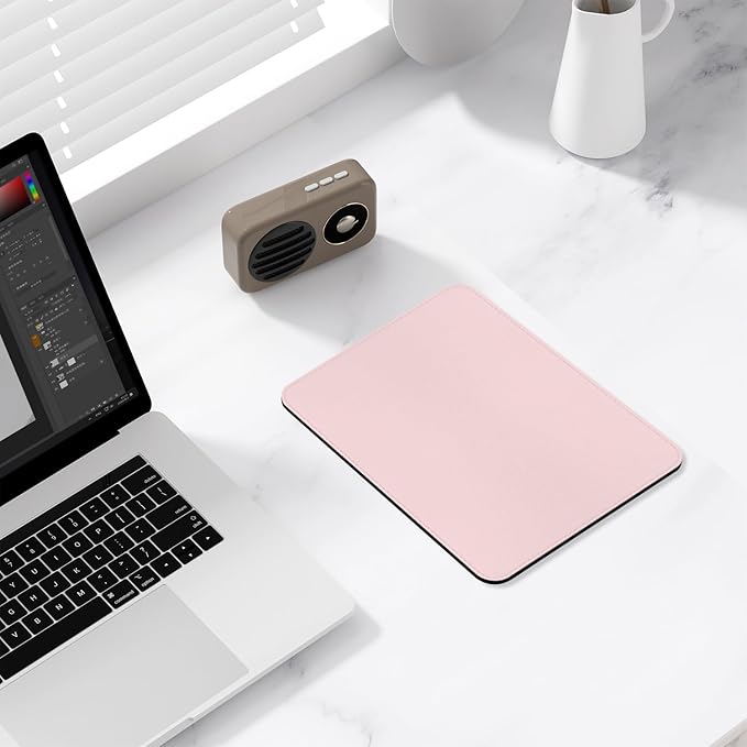 Leather Mouse Pad, Office Mouse Mat Non-Slip Rubber Base Stitched Edge Washable Waterproof Rectangular Mousepad for Office Gaming PC Laptop, 9.8" x 7.9", Light Pink
