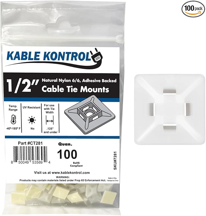 Kable Kontrol Zip Tie Mounts, 1/2” Sq, Natural White, 100 Pcs, Adhesive Backed Multi-Purpose Mounting Squares Nylon Cable Tie Wrap Anchor Pads for Cable Management