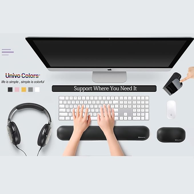 UnivoColors Design-Wave Set of Wrist Rest,Artificial Sheepskin+Memory Foam+Ergonomic+Anti-Slip Gel, Resilience Support During Work and Gaming,Keyboard Accessory,White