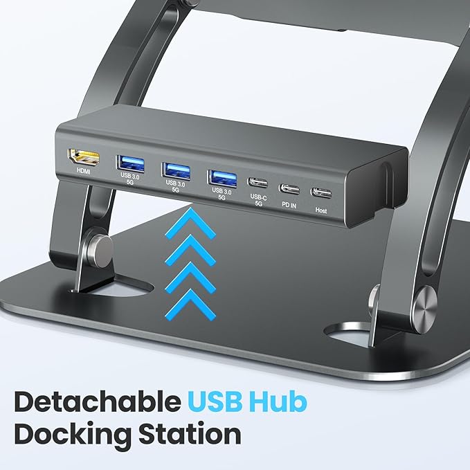 tounee Laptop Stand with Detachable USB-C Hub, 100W PD Charging, 4K@60Hz HDMI, 3 USB Ports, Ergonomic Laptop Holder Docking Station for 10-17" Laptops, MacBook & More - Gray