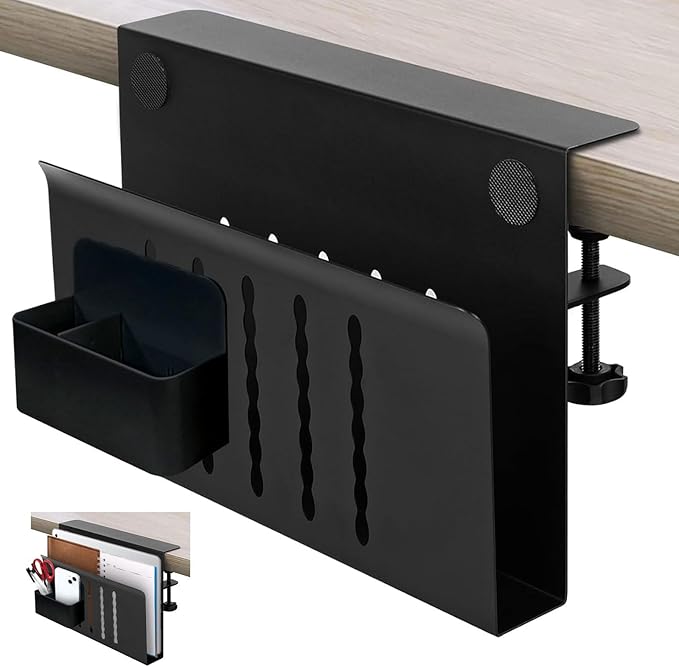 Desk Side Storage Organizer, Under Desk Laptop Holder with Magnetic Pen Holder, No Drill Hanging Desk Caddy for Office & Home, Clamp On Desk Shelf for Tablet, Files, Accessories (Black)
