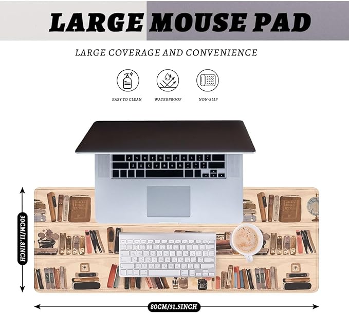 Bookshelf Gaming Mouse Pad Vintage Library Aesthetic Mouse Pad Large Mousepad Extended Laptop Keyboard Mat Gaming Desk Pad Mouse Mat Office Computer Keyboard Laptop 31.5"x11.8"