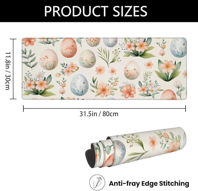 Large Mouse Pad Non-Slip Rubber Easter Egg Flower Long Gaming Desk Mat Big Computer Keyboard Mousepad Waterproof Protector Wristing Pad for Gaming Office Home Decorative 31.5 X 11.8 Inch