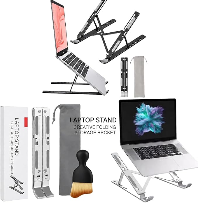 Adjustable Laptop Stand with Cleaning Brush – Aluminum Alloy Ergonomic Riser, Foldable & Portable Ventilated Notebook Holder for Desk, Fits Laptops up to 17.3" -(7 levels ) 23.6"MODEL (SILVER)