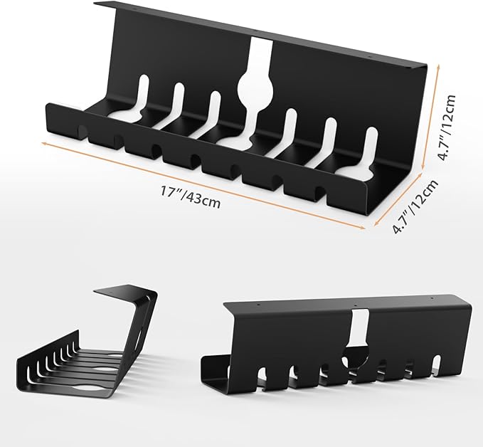 Syeeiex Under Desk Cable Management with No-Drill C-Clamp & Screw Mount, 17'' Metal Under Desk Cord Organizer, Cable Management Tray for Office/Home workspace (Black, Set of 2)