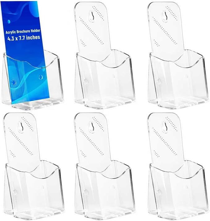 6 Pcs Brochure Holder Stand, 4 inches Acrylic Pamphlet Display Stand Wall Mount/Countertop, Clear Plastic Trifold Rack Card Holder Organizer for Display Flyer, Document, Literature, Post Card
