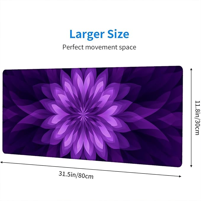 Purple Flower Gaming Mouse Pad Radiating Abstract Flowers Geometry Large Gaming Mouse Mat with Stitched Edges,Non-Slip Waterproof Rubber Base Mous Mat Office Computer Keyboard Laptop 31.5x11.8 Inch
