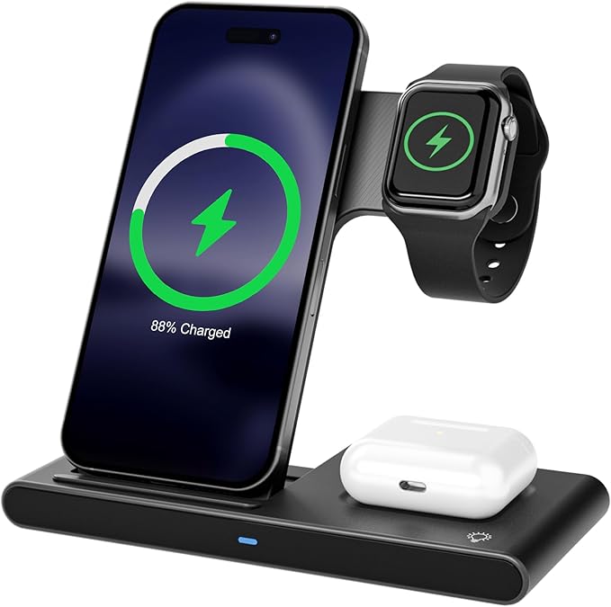 3 in 1 Qi Wireless Charger Dock, Foldable & Compact for iPhone 17-12 Series, Apple Watch & AirPods, Ideal for Desk Use (Black)