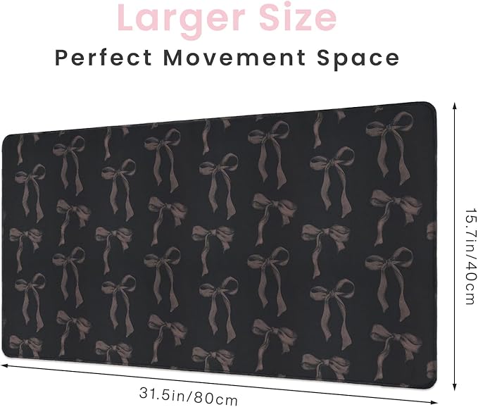 Large Desk Mat, Black Bow Mouse Pad 31.5 x 15.7, Coquette Mouse Pad Black Cute Desk Matt, Aesthetic Office Desk Accessories, Stitched Edge, Non-Slip Base Girly Gaming Mouse Pad Computer Keyboard Mat