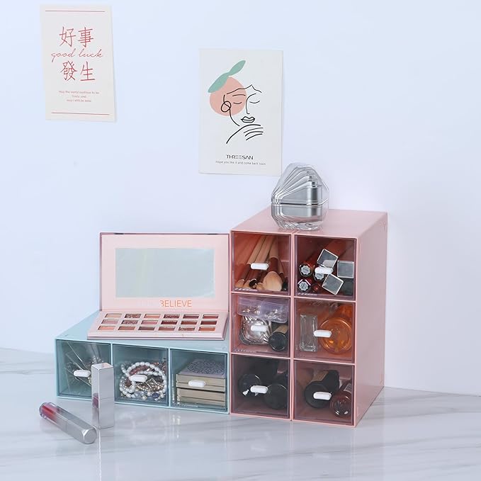 Desktop Drawers, Desk Organizer with 6 Drawers, Stackable Plastic Storage Box for Home Collection, Cosmetics, Jewelry, Office Supplies (2 Tall Layers, Pink)
