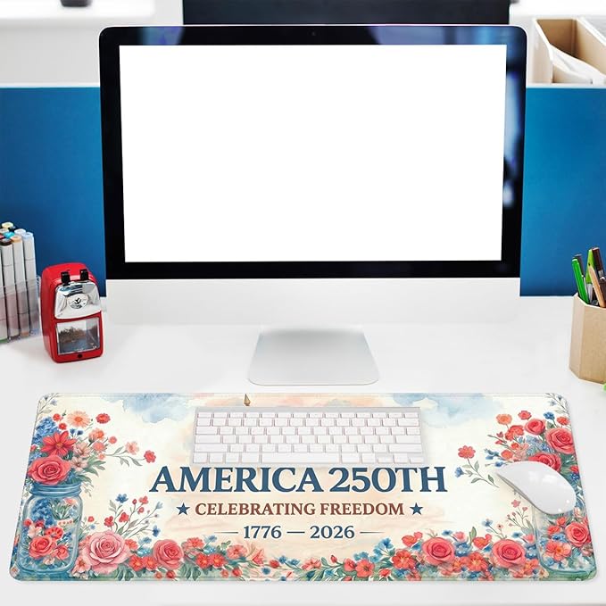 America 250 Gaming Mouse Pad Flowers Floral America Flag Large Gaming Mouse Mat with Stitched Edges,Non-Slip Waterproof Rubber Base Mous Mat 31.5x11.8 Inch