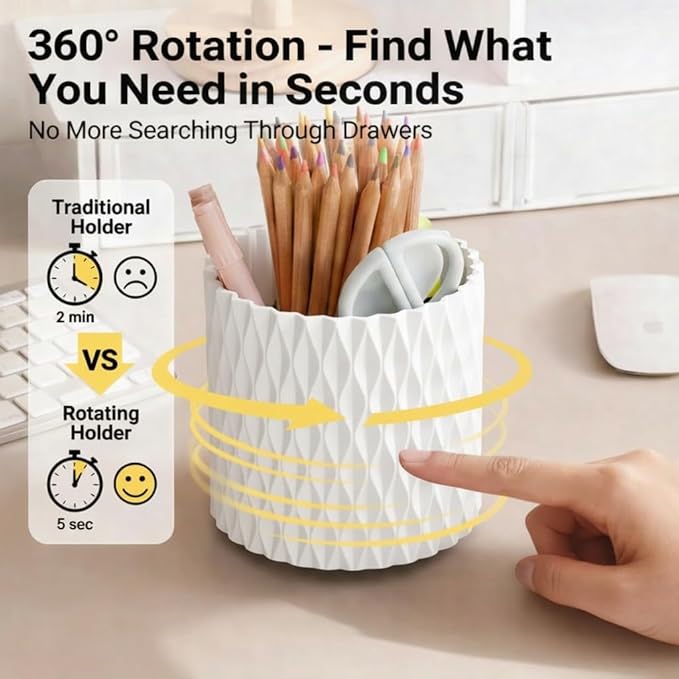 White Pen Holder for Desk, 360° Rotating Pencil Holder with 5 Slots - Spinning Desk Organizer & Pencil Cup for Art Supply, Office Pen Organizer for Home, School, Desk Accessories