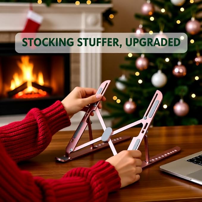 Adjustable Laptop Stand with Cleaning Brush – Aluminum Alloy Ergonomic Riser, Foldable & Portable Ventilated Notebook Holder for Desk, Fits Laptops up to 17.3" -(10 levels)23.6"MODEL (PINK)