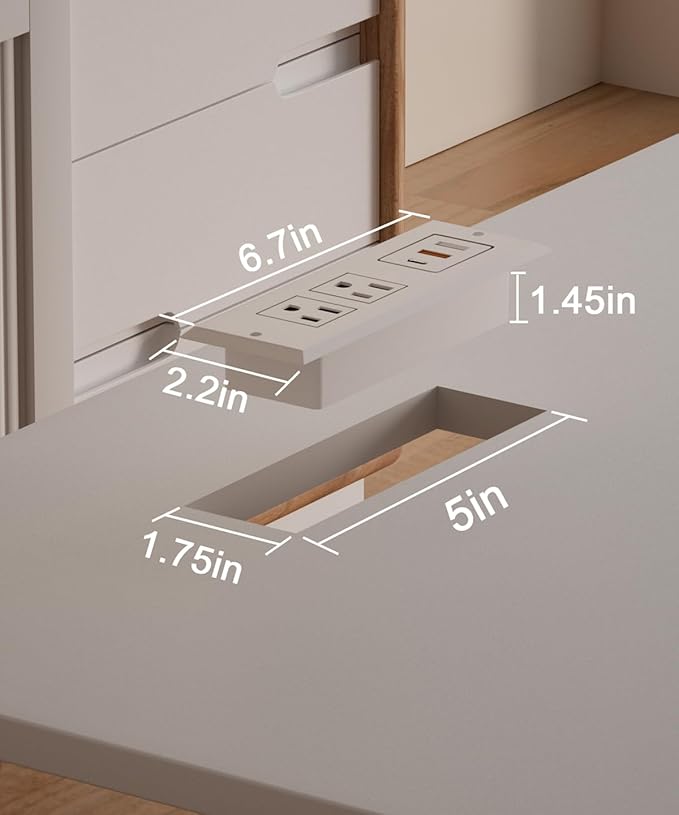 Recessed Power Strip - Set of 2,20W Fast Charging USB C Port and 18W USB-A Ports.Flush Mount Desk Outlet,Furniture Hidden Charging Station for End Table,Flat Plug,6.5 ft Extension Cord,White