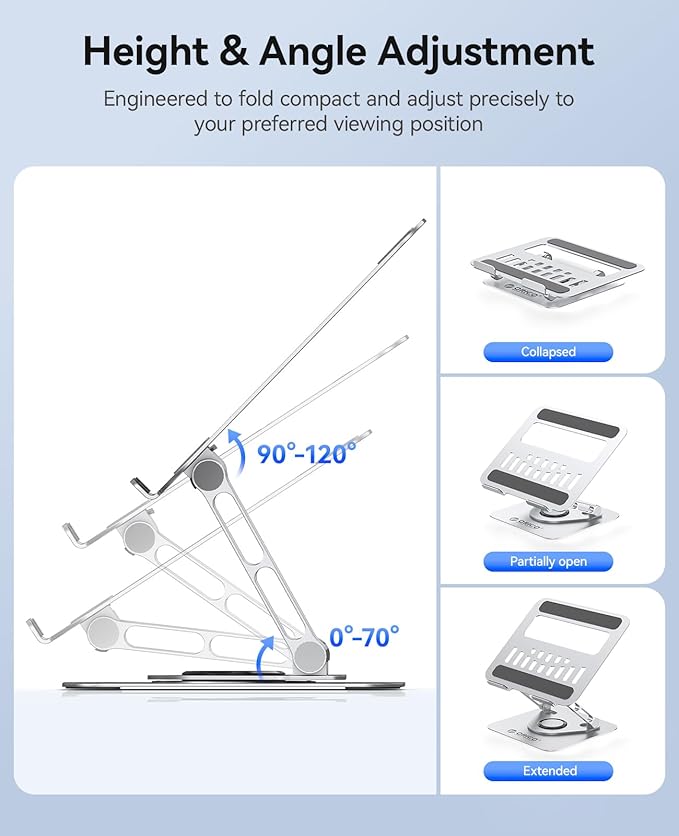 ORICO Adjustable Laptop Stand for Desk, 360° Rotating Base, Foldable Aluminum Alloy Computer Stand with Ventilated Design, Compatible with MacBook Neo/Air/Pro, Dell, XPS, HP up to 17'' - ST12, Silver