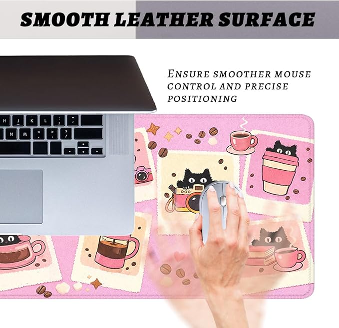 Black Cat Gaming Mouse Pad Cute Coffee Art Large Gaming Mouse Mat with Stitched Edges,Non-Slip Waterproof Rubber Base Mous Mat Office Computer Keyboard Laptop 31.5"x11.8"