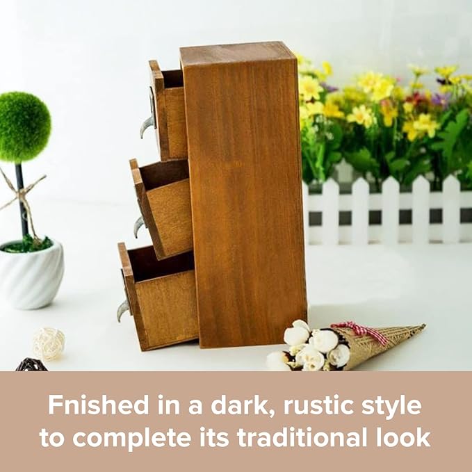 Vintage 3 Drawer Desktop Organizer - Rustic Card Catalog with Label Holders - Small Chest for Organization - Library Box - Table Nightstand Shelves Cabinet Vertical Storage