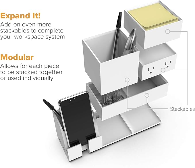 Bostitch Office Konnect Desk Organizer and Charging Station, 2 USB Ports & 2 Plugs, Charges Phones & Tablets, Accessory Tray, 4-Piece Design, White