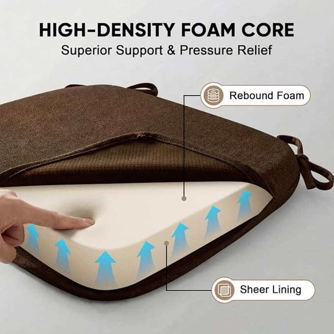 Chair Cushions Set of 4, D-Shaped Seat Cushion for Chair, Non Slip Chair Pads with Ties, 17" x 16" x 2", 40D Foam, Removable Washable Cover, Seat Cushions for Kitchen Chairs, Brown