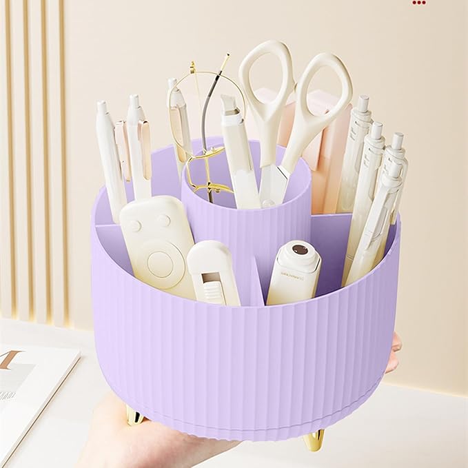 Pencil Pen Holder 5 Slots 360°Degree Rotating Pen Organizers for Desk Desktop Storage Stationery Supplies Cute Pencil Cup Pot Kids Desk Organizer for Office Home School（Purple 2）