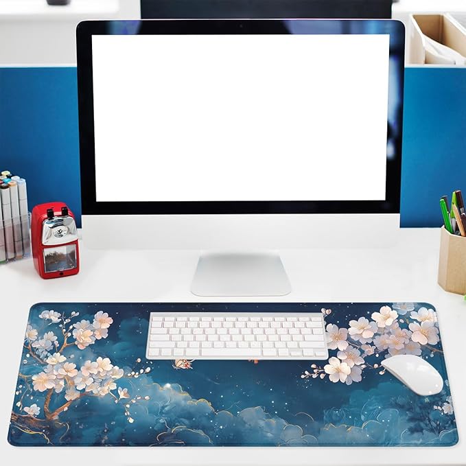 Cherry Blossoms Mouse Pad Japan Watercolor Sky Butterflies Extended Mousepad Waterproof Stitched Edges Rubber Base Non-Slip Deskpad Computer Keyboard Mat 31.5x11.8 in