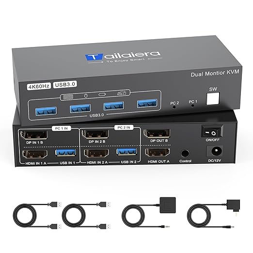 HDMI Displayport KVM Switch 2 Monitors 2 Computers,4K@60Hz HDMI DP Dual Monitor KVM Switches 2 Ports for 2 PC Share 4 USB 3.0 Mouse Keyboard and 2 Screens 2 USB 3.0 Cables and Extended Controller